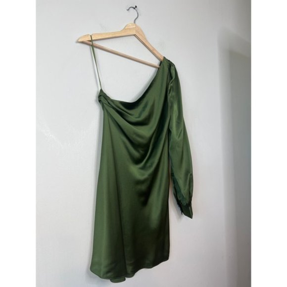 NWT Cami NYC Juanita Silk One-Shoulder Long Sleeve Rosemary Green Mini Dress - Picture 3 of 8